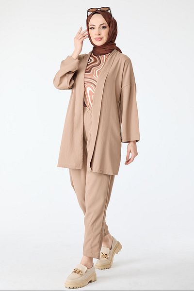 TOFİSA Beige Women's Cardigan and Trousers Set - 11432