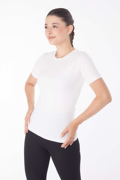 TOFİSA Ecru Women's T-shirt - Plain Crew Neck, Short Sleeve - 25768