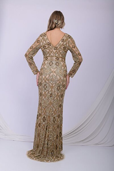 GATSBYLADY LONDON GOLDENCE - EL İŞLEMELİ , TAŞEL DETAYLI ELBİSE