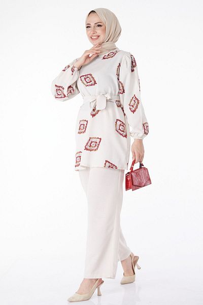 TOFİSA Women's Double Suit - Claret Red Patterned, Crew Neck - 13164