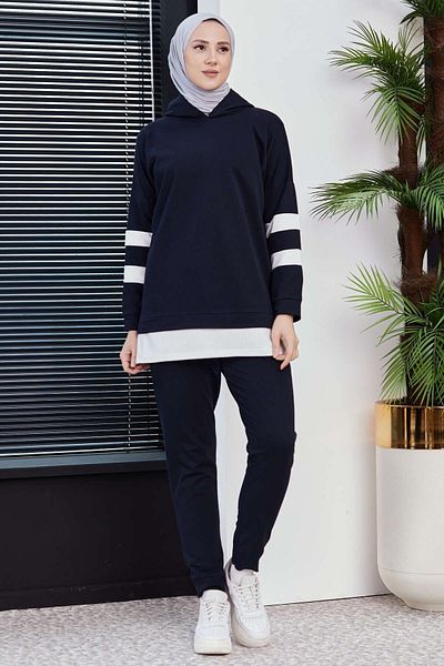 TOFİSA Γυναικείο τουνίκ παντελόνι Navy Blue - Ίσιος γιακάς με κουκούλα - 3024