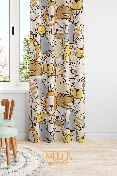 Moud's Orange Suede Printed Little Animals Patterned Curtain - Children's and Baby's Room Single Wing
