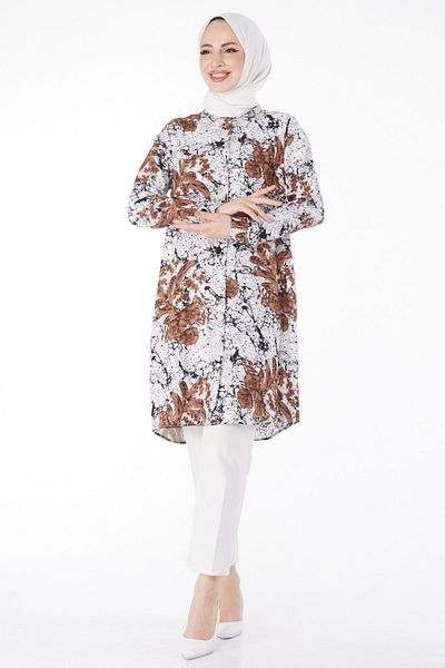 TOFİSA Plain Shirt Collar Women's Brown Patterned Tunic - 25042