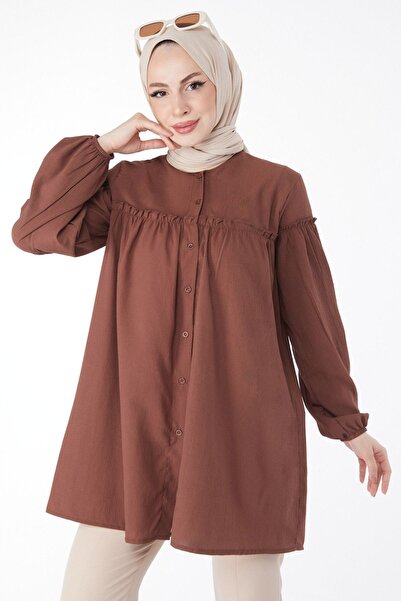 TOFİSA Dámská hnědá sbíraná košile Straight Judge Collar - 13136