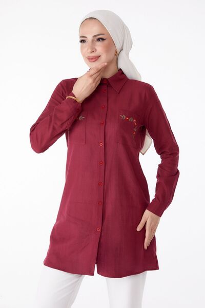 TOFİSA Claret Red Embroidered Tunic - Γιακάς Πουκάμισου, Λεπτομερής Κέντημα - 13170