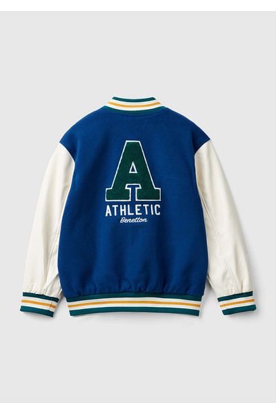 United Colors of Benetton Saks Blue Bomber Jacket for Boy - Buttoned and Back Embroidered