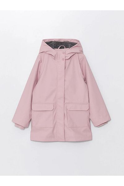 LC Waikiki Light Gray Hooded - Leather Look Girl's Coat