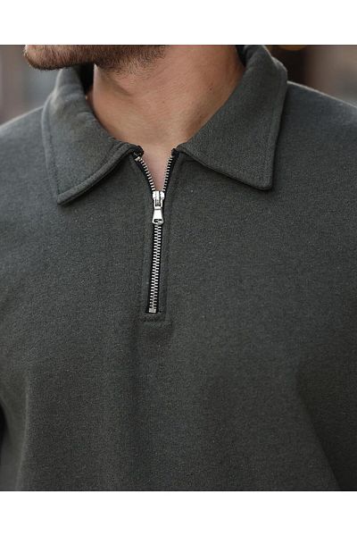 WENTEKS 3 Thread Thick Fabric Polo Collar Half Zipper Khaki Sweatshirt