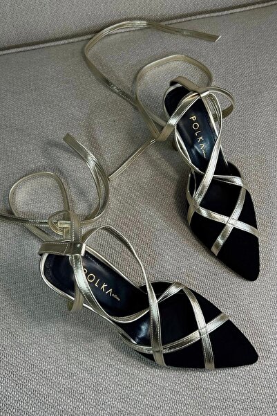 POLKA STORE Women's Maggie Black Suede Ankle Strap Gold Piping Pointed Toe Heeled Shoes