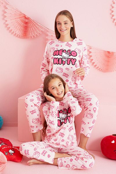 Siyah İnci Hello Kitty Σετ πιτζάμες με λαιμόκοψη σολομού με άδεια χρήσης HK221 - 100% βαμβάκι