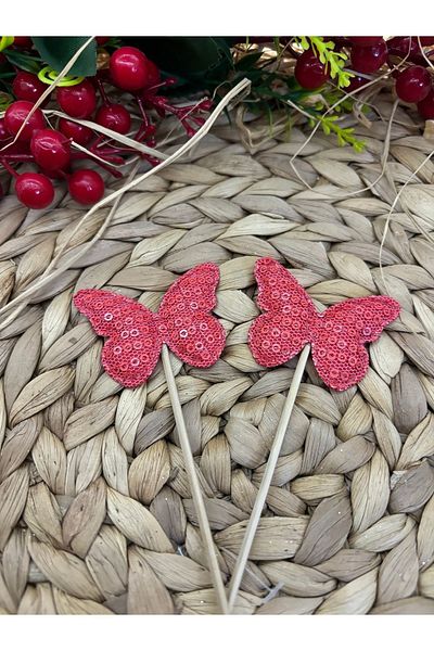 Deniz Party Store 16 Cm Red Sequined Long Toothpick Butterfly - 10 Pieces