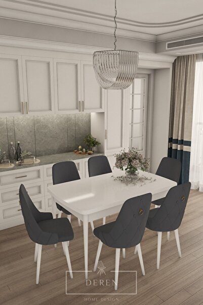 DEREN HOME Fier Serisi Mutfak ve Salon Yemek Masası Takımı + 6 Adet Füme Sand...