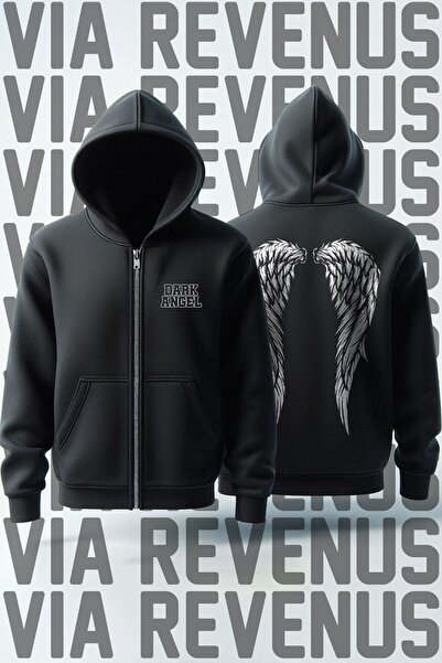 Vordevia سترة صوفية بغطاء للرأس بسحاب للجنسين من Dark Angel - طباعة أمامية وخلفية