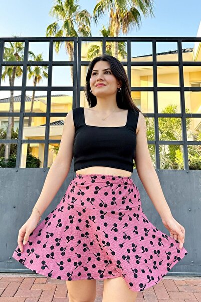 İpli Pembe Renk Desenli Bürümcük Kumaş Etek Şort