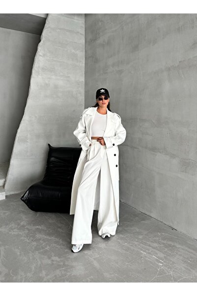 Laluvia Λευκό παλτό επωμίδας με ζώνη - 44188