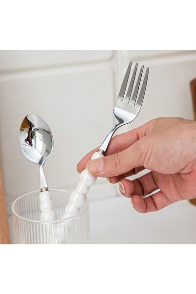 M Mimoza Park Porcelain 6 Pieces White Pearl Stone Detailed Dinner Cutlery Set |   6 Piece Luxury Dinner Fork Set