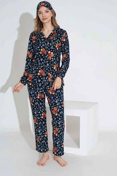 Tarık Navy Blue Bear Pattern - Σετ χειμωνιάτικων πιτζάμες με βελούδινο σουέτ συνδυασμός μητέρας και κόρης