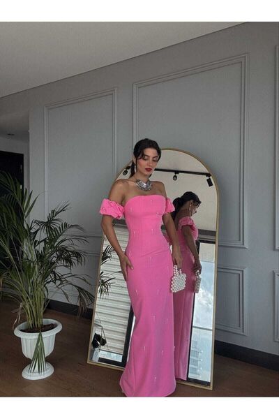 MODA DURAĞI Φόρεμα με λεπτομέρεια από πέτρα Pearl Atlas 2051