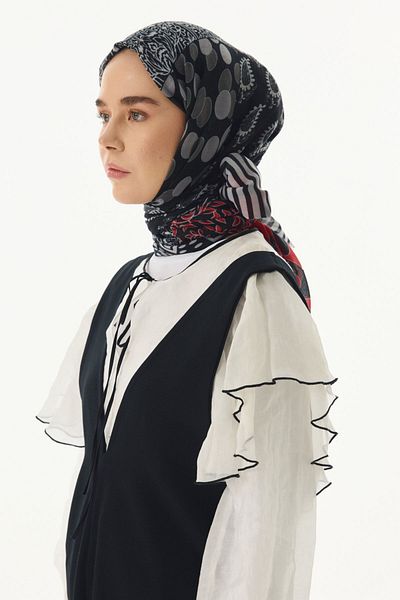 FENZA SCARF Şal Adalie din bumbac negru cu model floral etnic