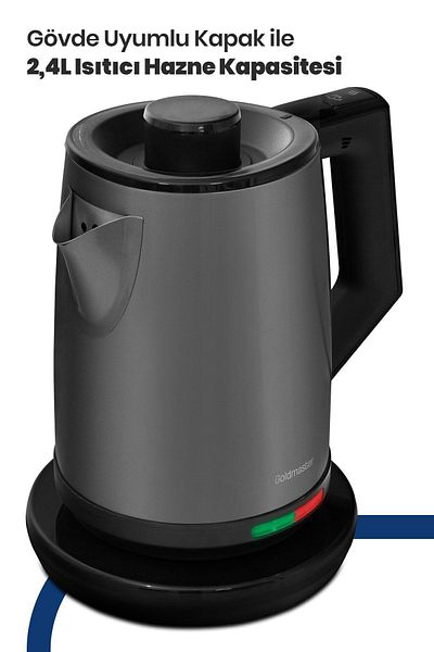 GOLDMASTER Akasya Anthracite Xl 2200 Watt Drip-Free Design Steel Tea Maker and Kettle