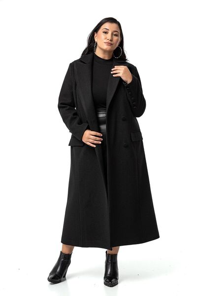 DISENTIS MODEST Büyük Beden Kaplama Düğmeli Cepli Astarlı Uzun Siyah Kaşe Kaban