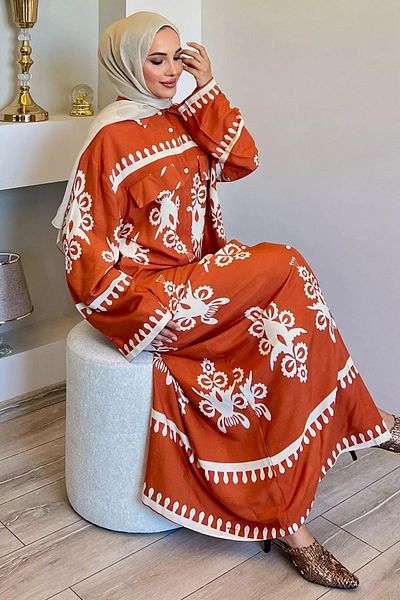julude Φόρεμα Hijab Viscose - Μοτίβο με πλακάκια και κουμπιά με μήκος τσαγιού
