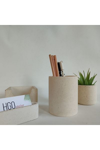 Hgo Atelier Sand Concrete 4 Piece Office Set Pen Holder-Business Card Holder-Flower Pot-Note Paper Holder