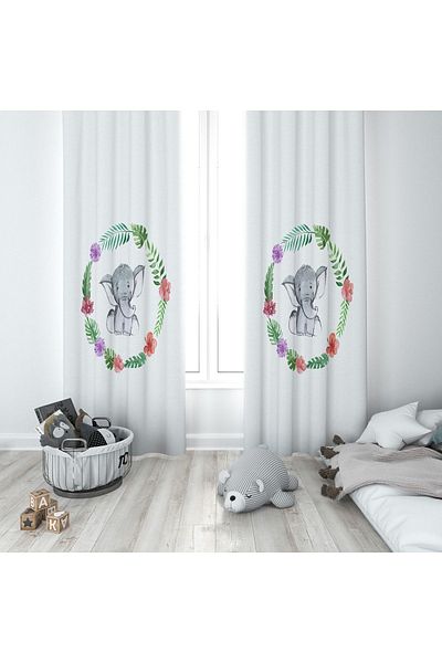 Lolla Wreathed Elephant White Background Curtain 163