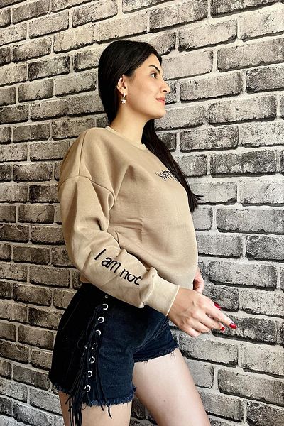 İpli Μπεζ φούτερ Unisex - 3 κλωστές, Sorry Printed