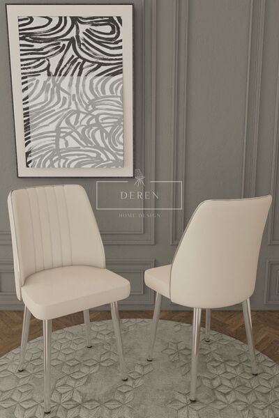 DEREN HOME Parla Gümüs Serisi 80x130 MDF Masa + 6 Adet Silinebilir Kumaş Krem Sandalye Metal Ayak Masa Takımı