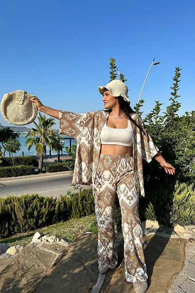 İpli Camel Color Patterned Double Kimono Set (Comfortable Fit)