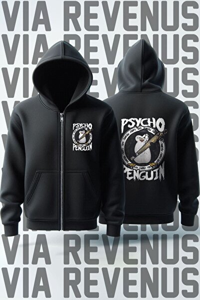 Vordevia Psycho Penguin Унісекс Світшот з капюшоном і блискавкою - Принт спереду і ззаду
