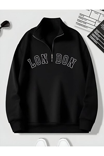 Harmandar سويت شيرت رجالي أسود سادة مطبوع من لندن - بياقة واقفة وسحاب نصف
