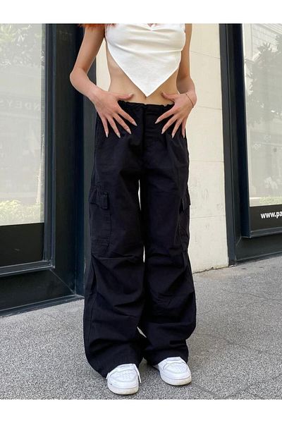 Gofeel Streetwear Baggy Cargo Τσέπες Ελαστική μέση Μαύρο Χρώμα Unisex Casual Παντελόνι