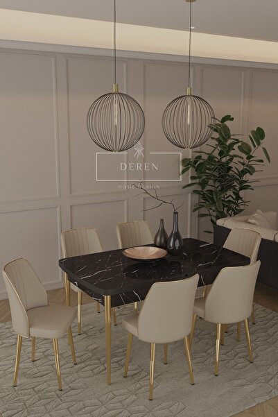 DEREN HOME Marla Serisi 80x130 MDF Masa + 6 Adet Silinebilir Kumaş Kapiçino S...