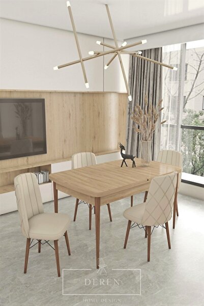 DEREN HOME Astera Serisi Açılabilir Masa + 4 Adet Krem Baby Face Kumaş Mutfak...