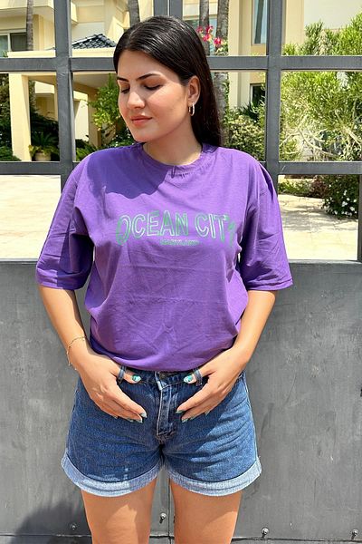 İpli Μπλουζάκι Ocean City Printed Unisex Μωβ Χρώμα Oversize