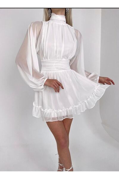 hillone Rochie mini din șifon cu detaliu la spate și guler și drapaj
