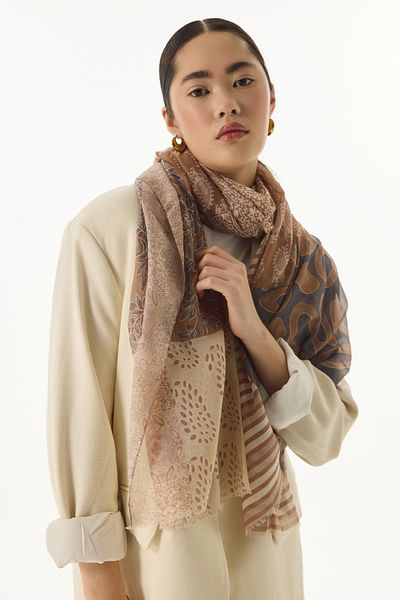 FENZA SCARF Μπεζ βαμβακερό έθνικ λουλουδάτο σάλι Adalie