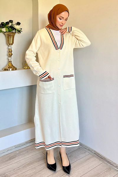 julude Cardigan de damă cu dungi crem Hijab - Detaliat guler și mâneci