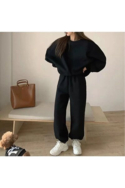 LOBABO GİYİM Yuvarlak Yaka Tam Oversize Salaş Sokak Stili Kışlık Kadın Eşofman Takımı