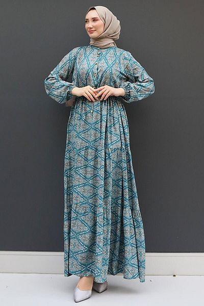 GİZ AGİYİM Dark Mint Viscose Patterned Lace up Dress
