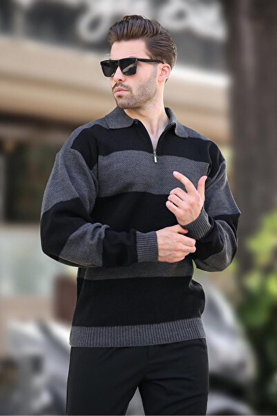 Madmext Antrasit Fermuar Yaka Renk Bloklu Uzun Kollu Kazak 7280