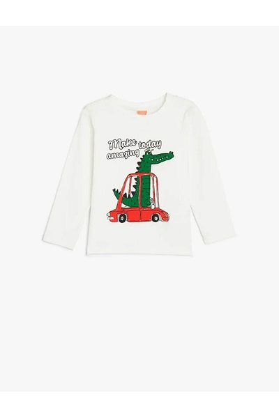 Koton Cotton Long Sleeve Dinosaur T-Shirt - Crew Neck