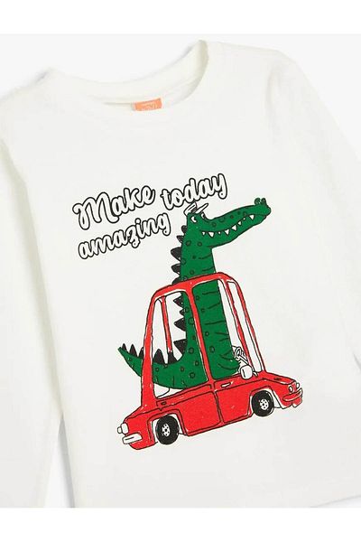 Koton Cotton Long Sleeve Dinosaur T-Shirt - Crew Neck