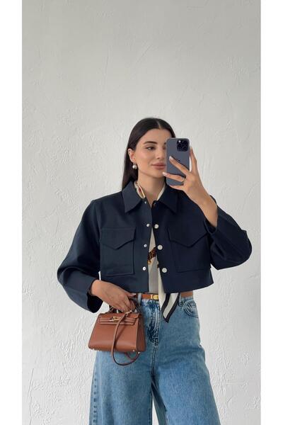 HAZELANNA سترة قصيرة باللون الأزرق الداكن - تصميم أنيق