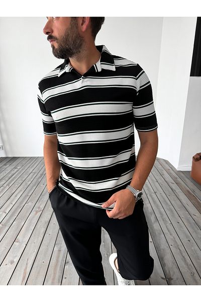 BYBASICMAN Black Striped Embossed Polo Collar T-Shirt G-5476