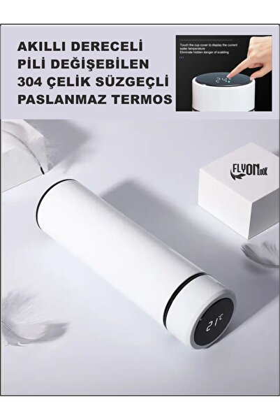 FLYONLOOK Derece Göstergeli  Çelik  Termos Pili Değişebilen Kamp,Araç,Ofis Süzgeçli Yeni Nesil Akıllı Mug