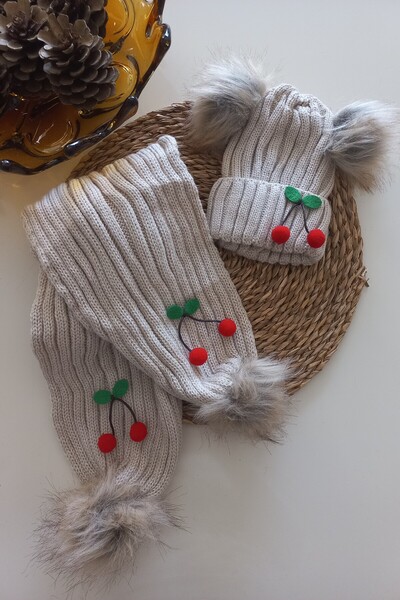 MARS BABY Kız Erkek Unisex Bebek Çocuk Bej Kırmızı Ponpon Kiraz Figürlü Ponpo...