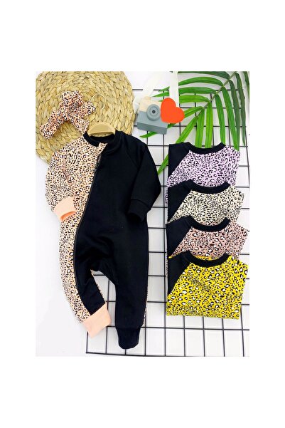 DENİZCİK 3-6-9-12 Ay Bandanalı Leopar Desenlı Fermuar Kapama Kız Bebek Tulumu